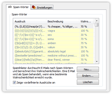 Einstellungen für die Spam-Wörter