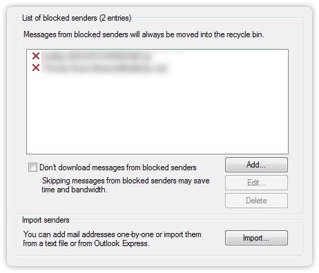 Settings for Blocked Senders